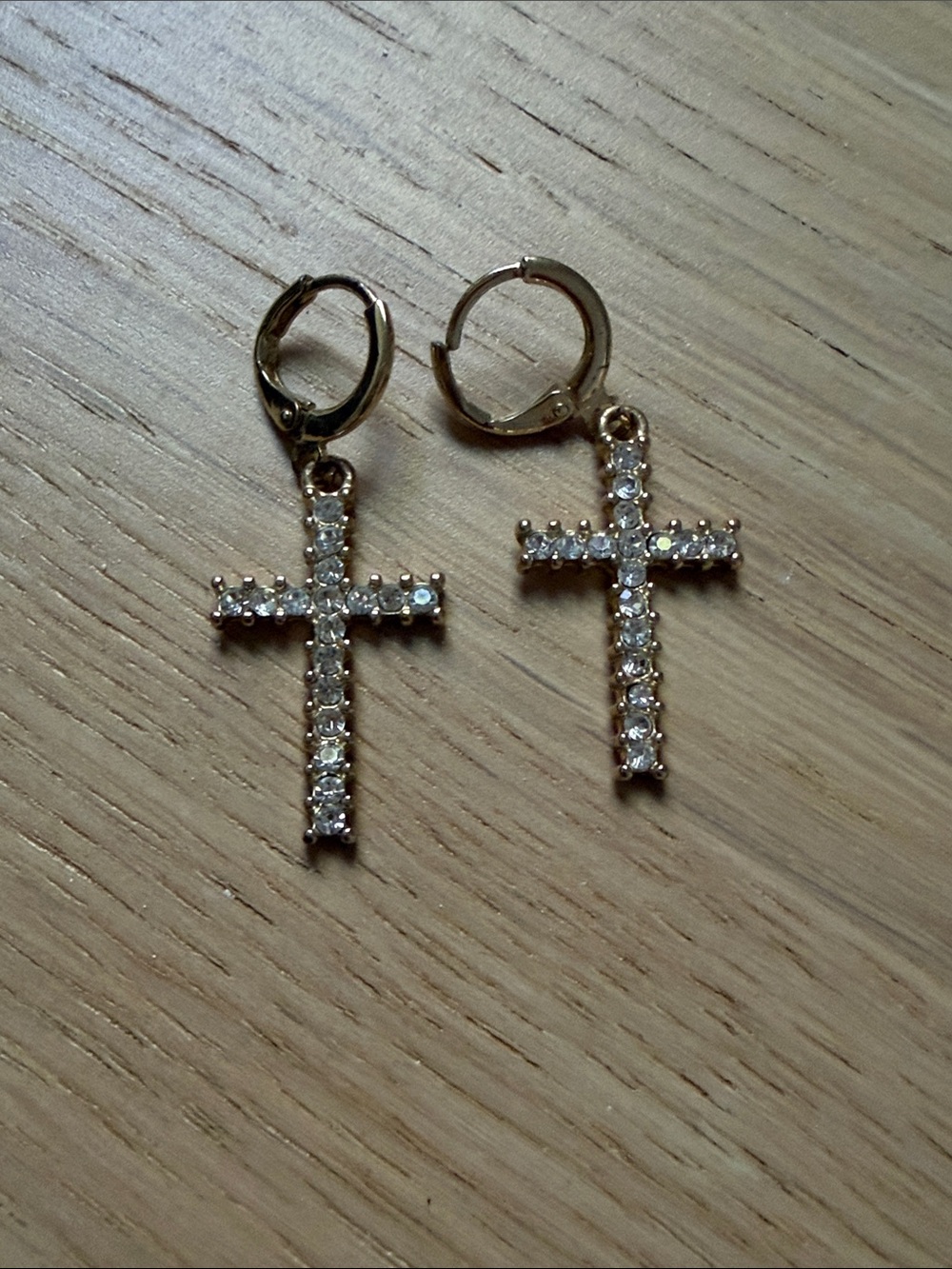 Gold Cross Dangle Hoop Earrings with Clear Stones
